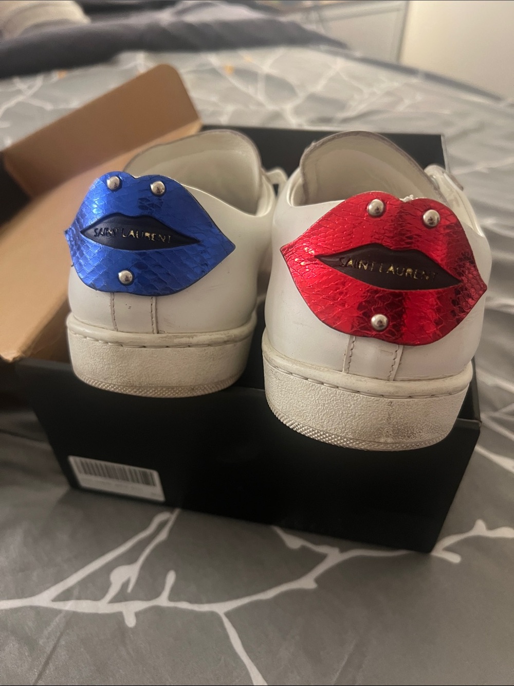 Saint Laurent White Leather Sneakers with Blue and Red Lip Appliqués